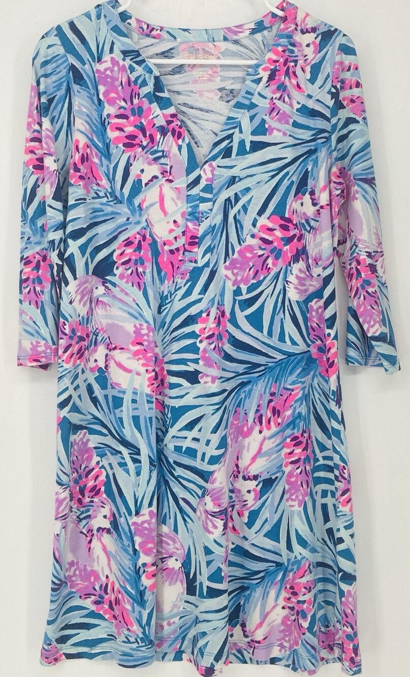 Lilly Pulitzer M 100% Pima Cotton Daphne Mr Peacock Tweethearts 3/4 Slv Dress